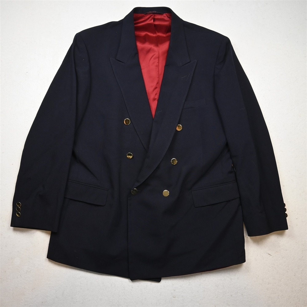 Vtg USA Double Breasted 46R Navy Blue Wool Gold Button Blazer Jacket Sport Coat